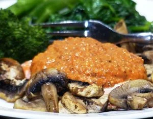 Romesco sauce with fish and veggies