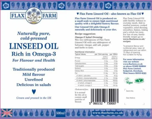 Nutritional information cold-pressed linseed flax oil