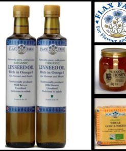 Cold-pressed flaxseed oil, flaxseed and raw honey for the Budwig Diet