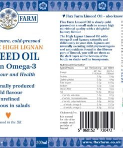 Flax Farm cold-pressed organic high lignan linseed oil label