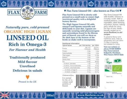 Flax Farm cold-pressed organic high lignan linseed oil label