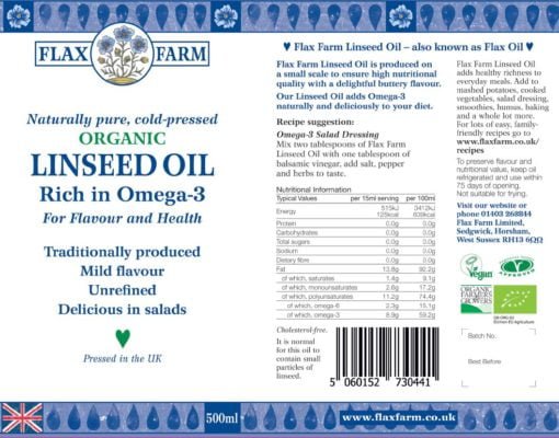 Flax Farm cold-pressed organic linseed oil label