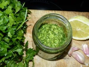 Italian Gremolata with linseed (flax seed) oil healthy sauce with omega-3