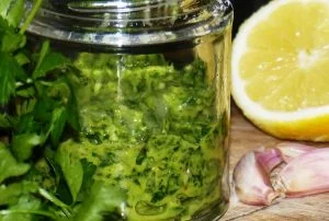 Gremolata with linseed (flax seed) oil healthy sauce with omega-3