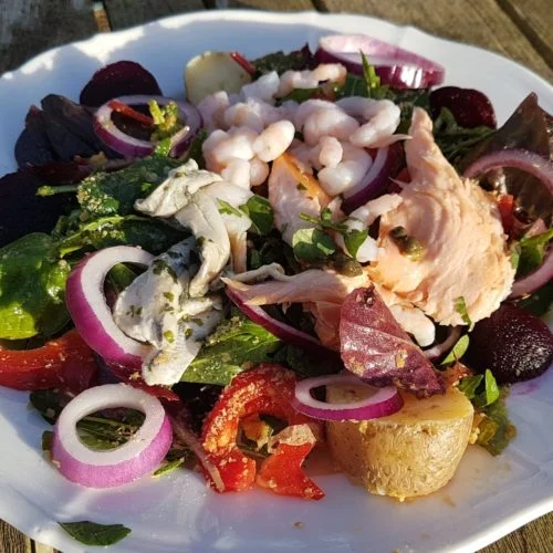 Fish salad suitable for diabetic diet, low carb, Omega-3OMS friendly d