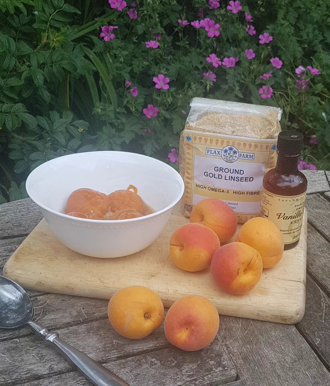 Poached apricots with Ground golden flaxseed